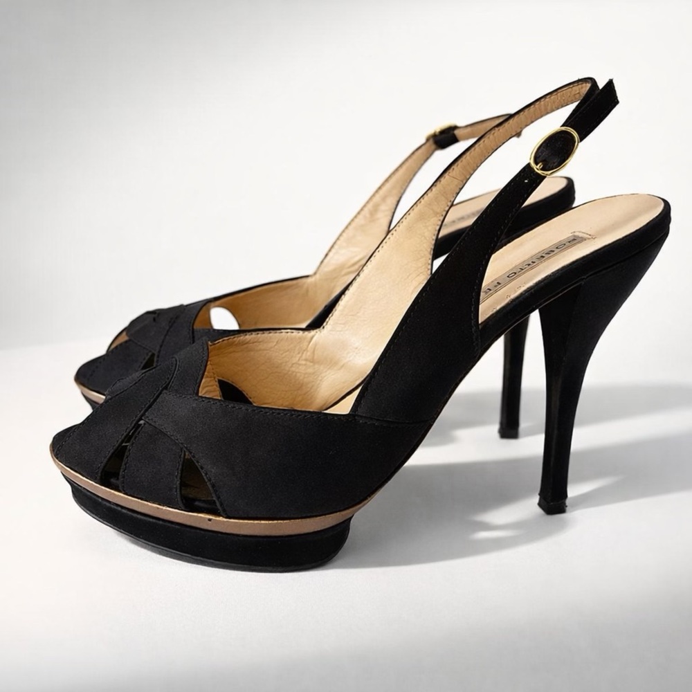 Roberto Festa Satin Slingback Peep-Toe Platform Heels, black, 37, EUC